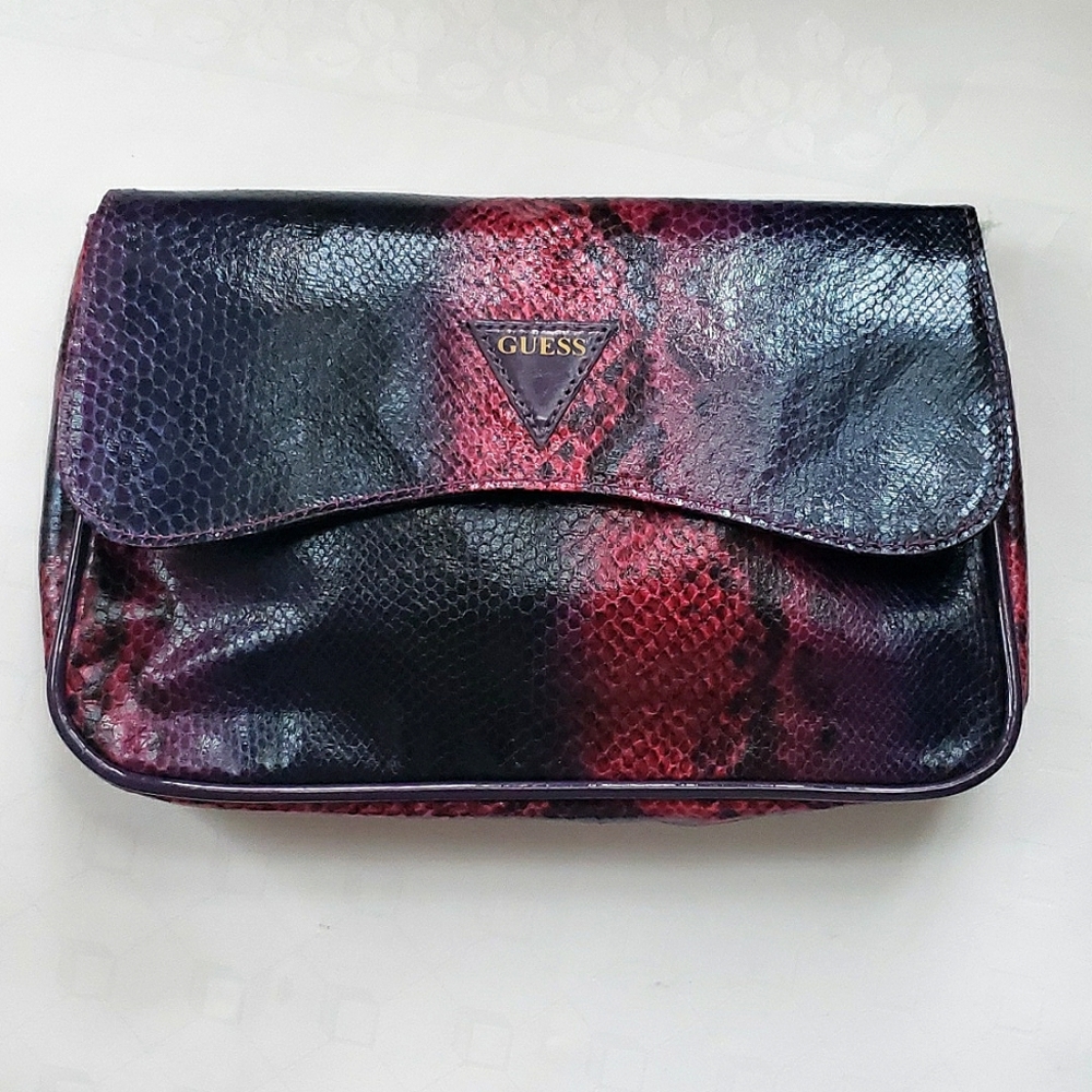 Guess M size Dark Purple & Red Faux Snake Skin Clutch Magnetic close - Picture 4 of 6